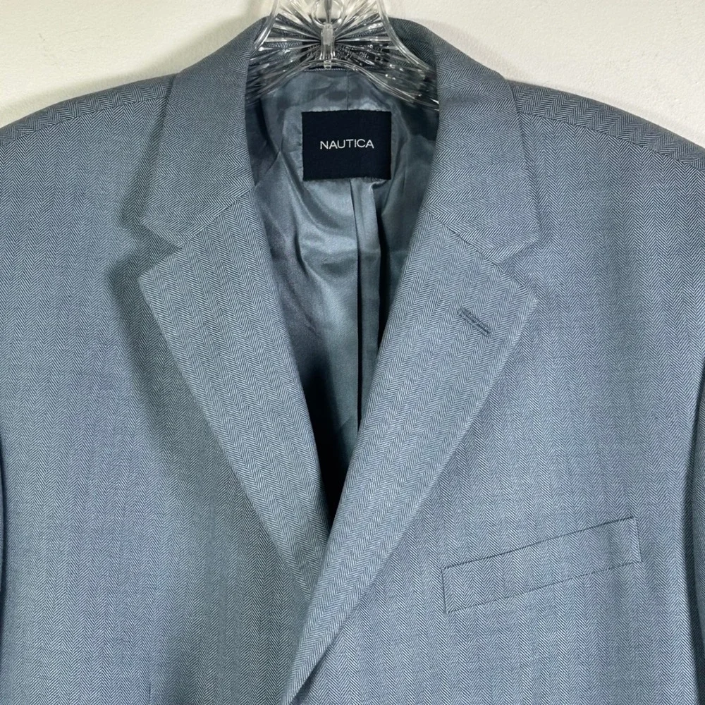 Nautica Mens 44L Blazer Silk Wool Cashmere Herringbone Blue Grey Sport Coat